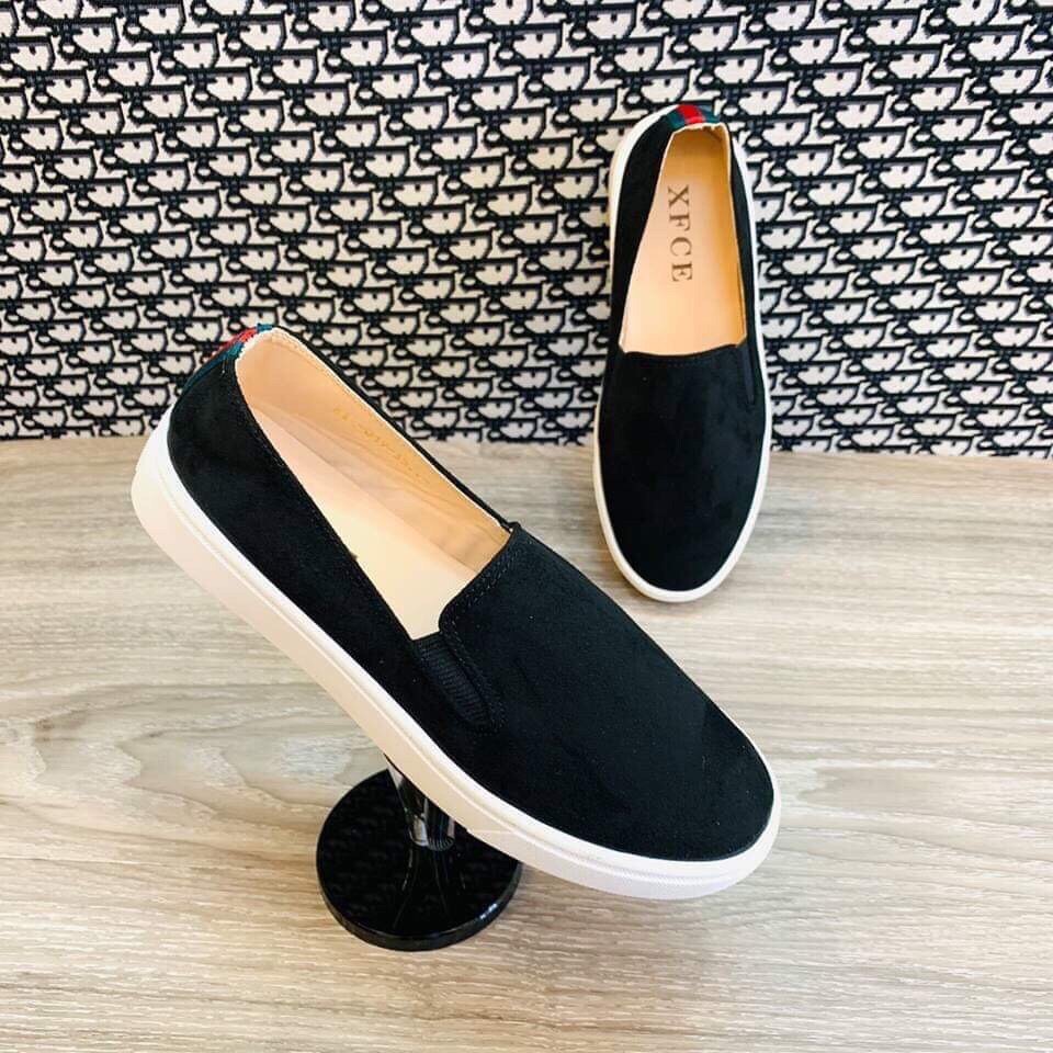 Giày slip-on mũi tròn da lộn kẻ sau gót -366