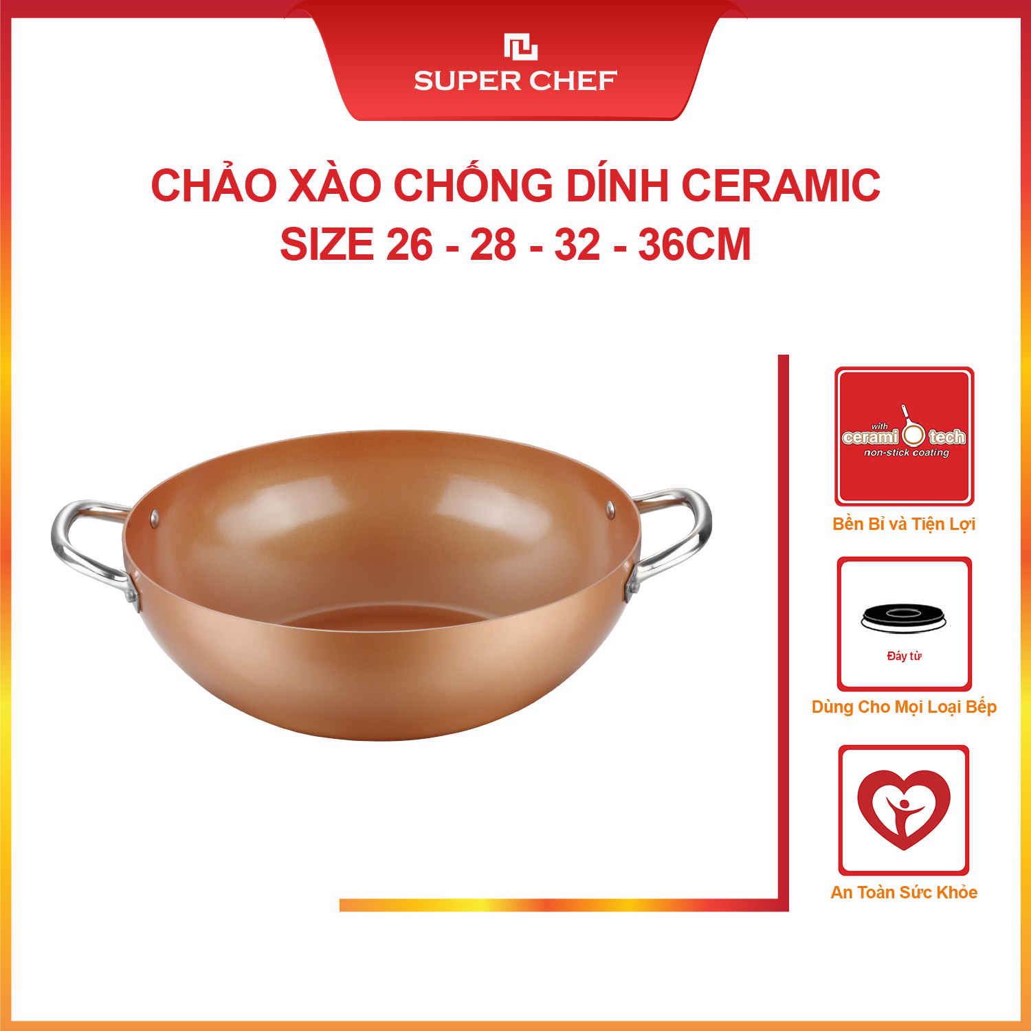 Chảo Xào Chống Dính Super Chef Siêu Bền Bỉ, Nấu Mọi Loại Bếp (từ, gas,điện,....) Không Bong Tróc
