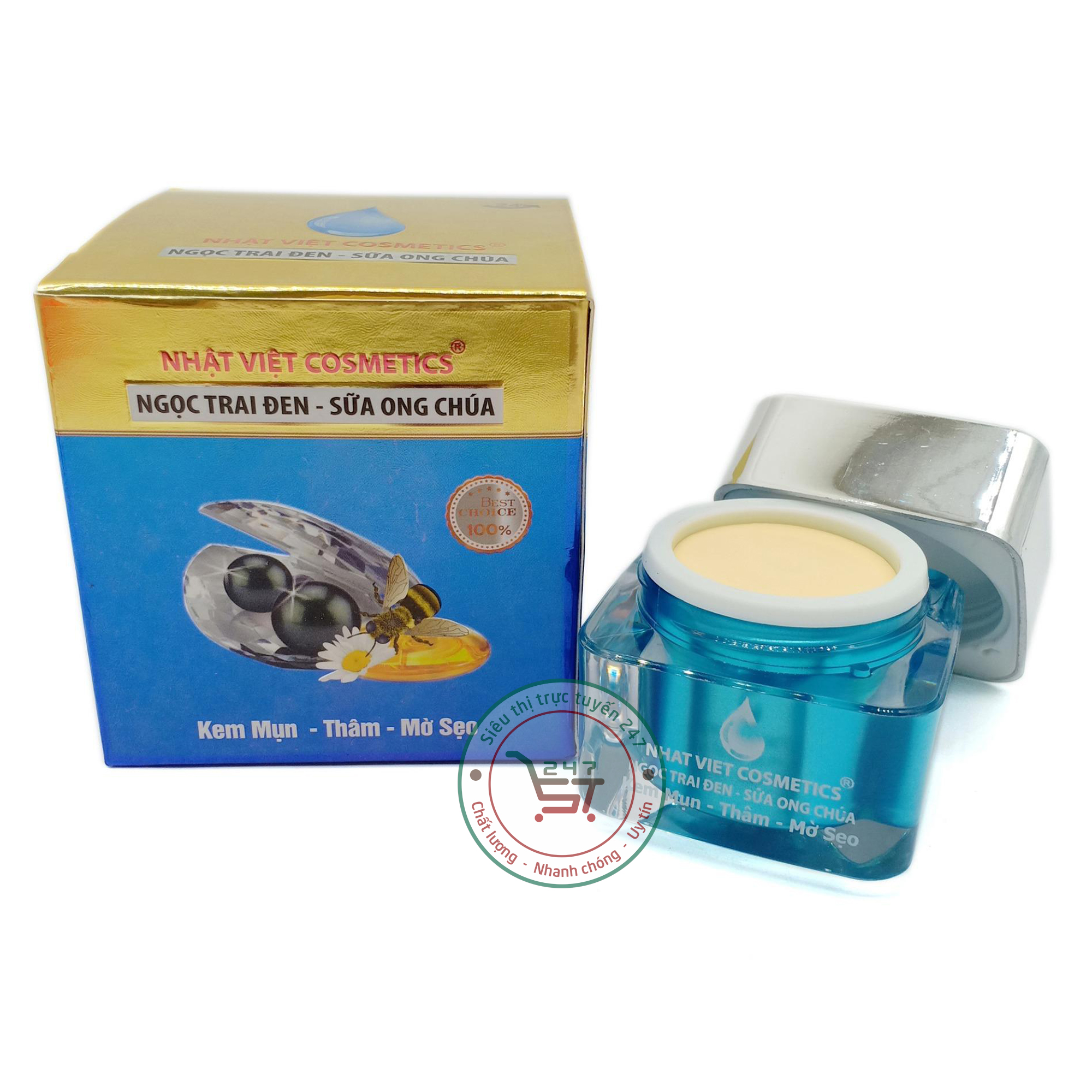 Kem Mụn Mờ sẹo Thâm Giảm nhờn Ngọc Trai Đen Sữa ong chúa Nhật Việt V13 20g (Xanh dương-Vàng)