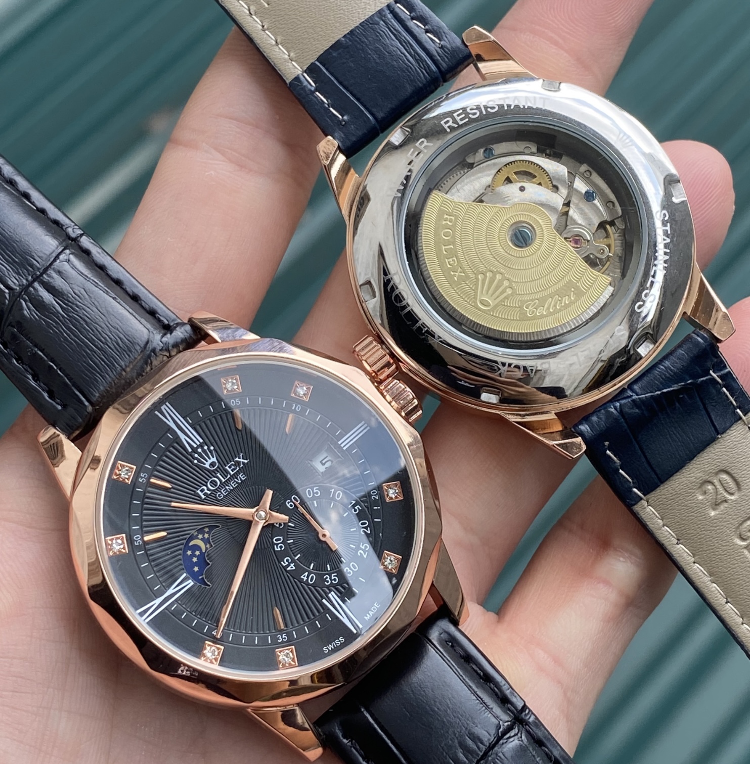 Đồng hồ nam cơ automatic cọc giờ bọc đá dây da sang trọng
