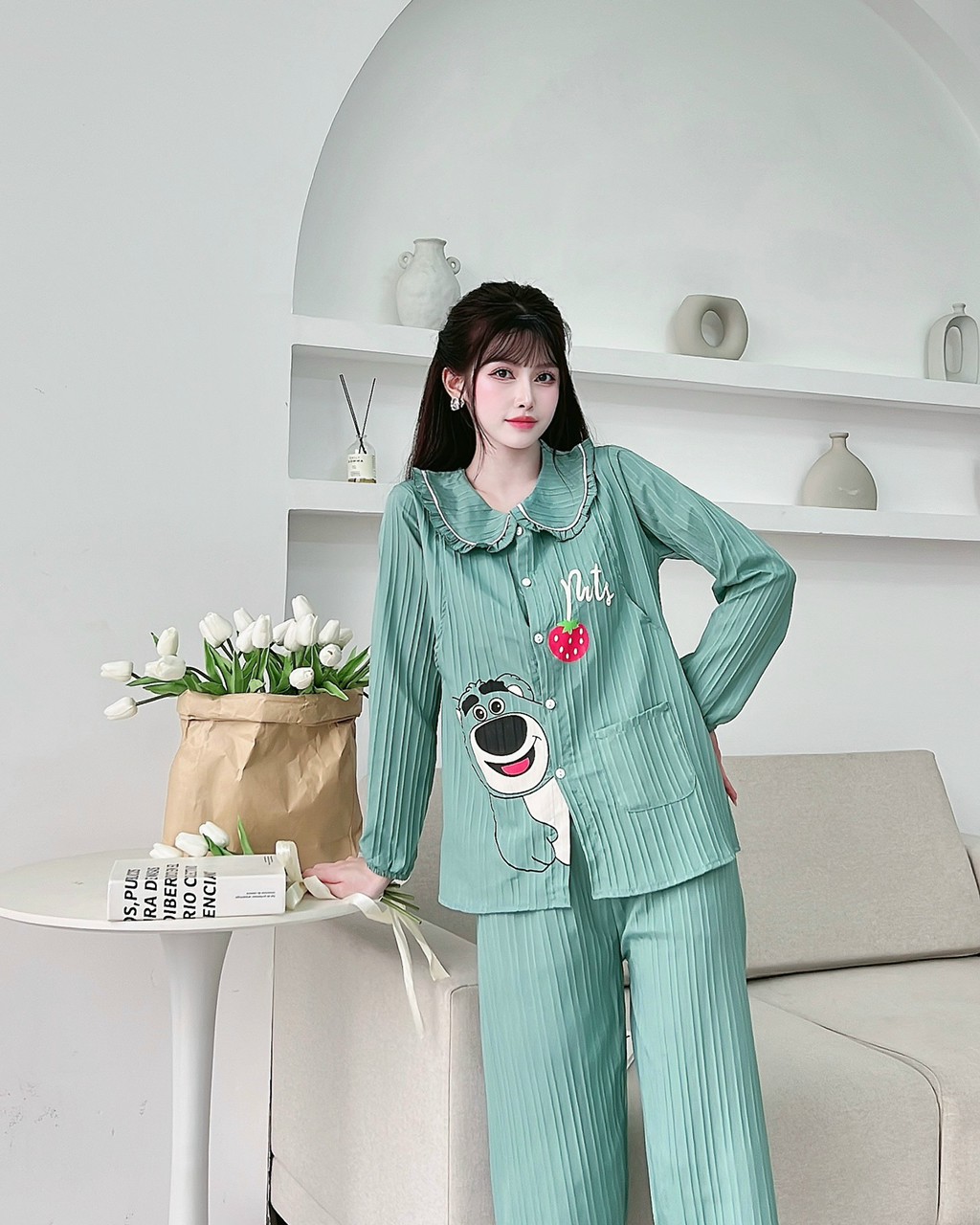Bộ gân đũi dài cổ sen mặc bầu và sau sinh