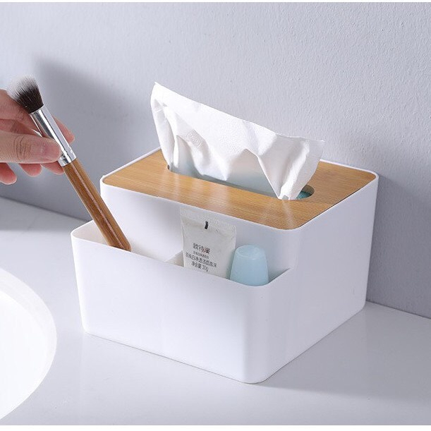 Hộp Khăn Giấy Nắp Gỗ 3 Ngăn Hộp Đựng Giấy Ăn Để Bàn