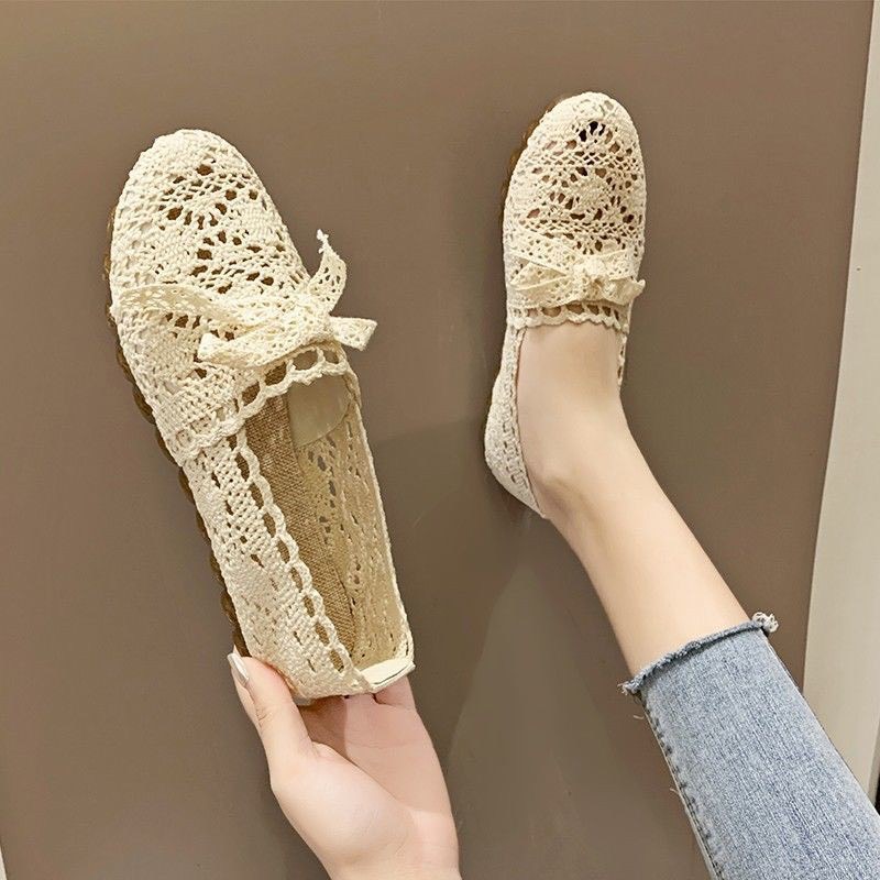(Hàng Sẵn) Giày Búp Bê Ren Lưới Gắn Nơ Phong Cách Hàn