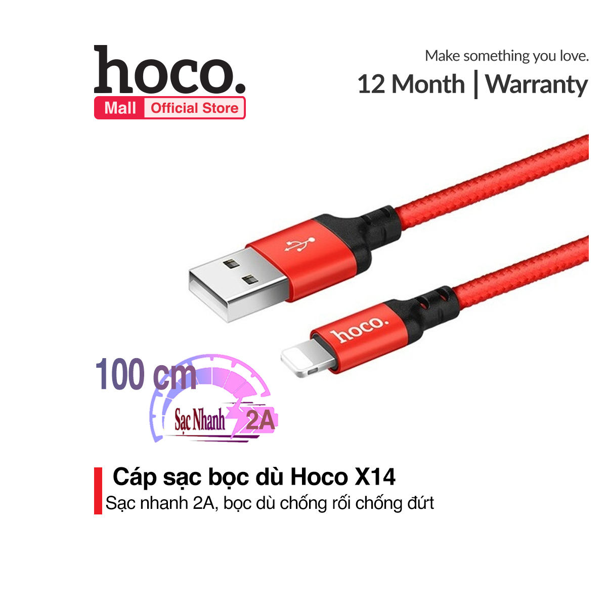 Cáp sạc nhanh và truyền dữ liệu Lightning Hoco X14  sạc nhanh 2.4A dây sạc bọc dù chống rối chống đứt dành cho iPhone XS max iPhone 11 iPhone 11 Pro max dài 100cm