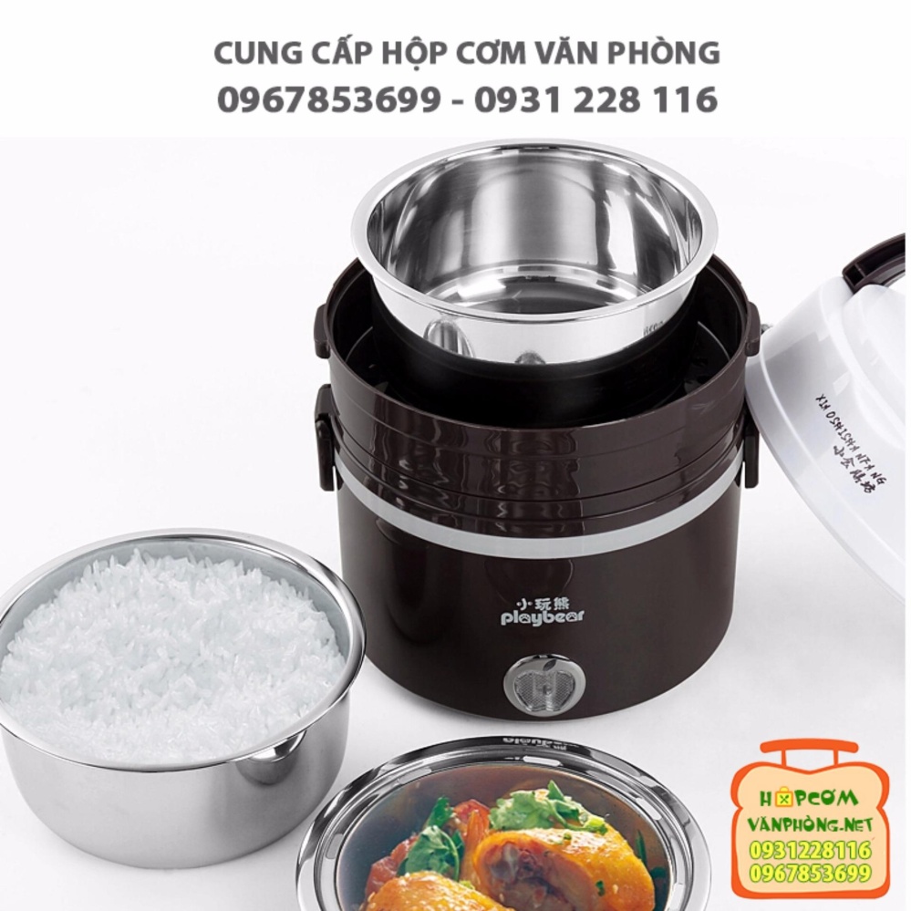 Hộp cơm cắm điện 3 tầng inox  Playbear 2019