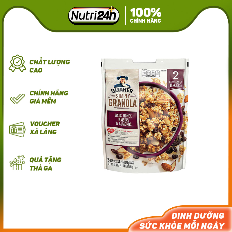 Ngũ Cốc Dinh Dưỡng Mật Ong hạnh nhân nho khô Ăn Liền Yến mạch Quaker Simply Granola Raisins Almonds 2lbs