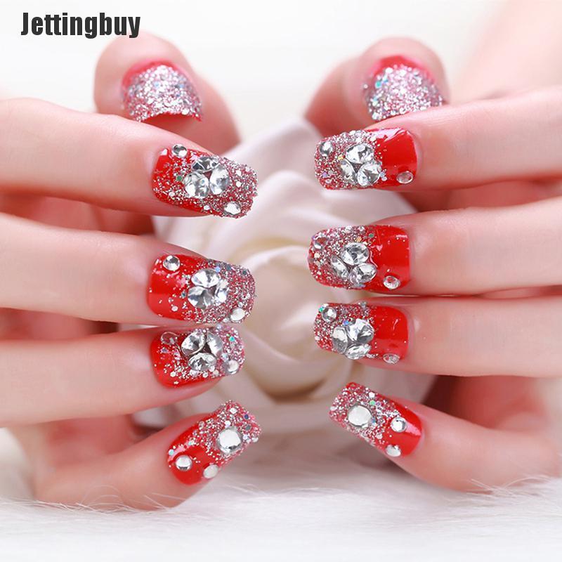 Jettingbuy Bộ 24 chiếc móng tay giả màu đỏ trang trí nghệ thuật dành cho cô dâu - INTL nhập khẩu