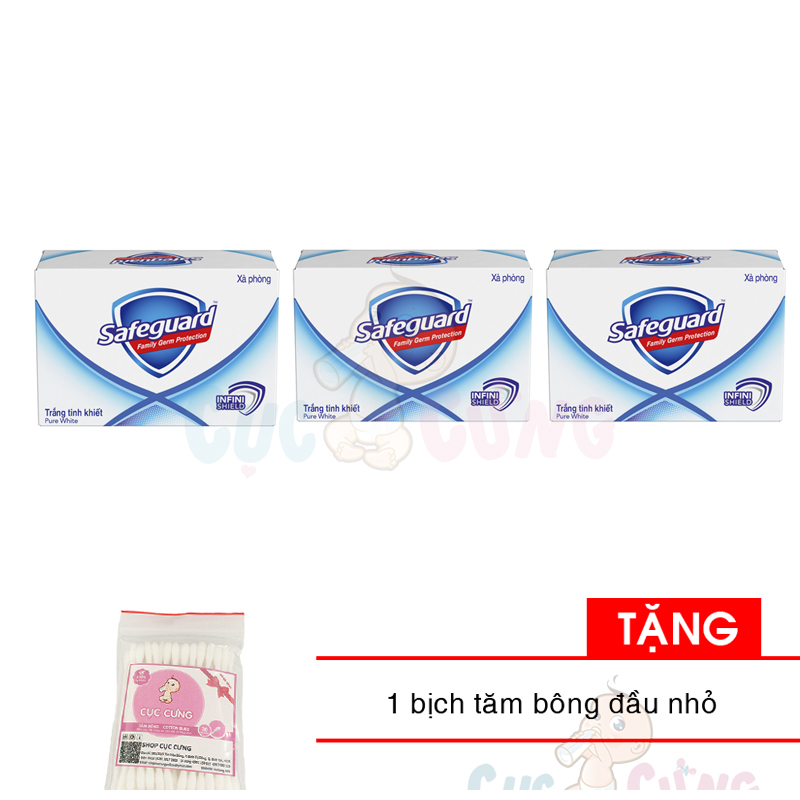Set 3 xà bông cục - cục xà phòng Safeguard Pure White diệt khuẩn 130g/cục Tặng 1 bịch tăm bông đầu nhỏ