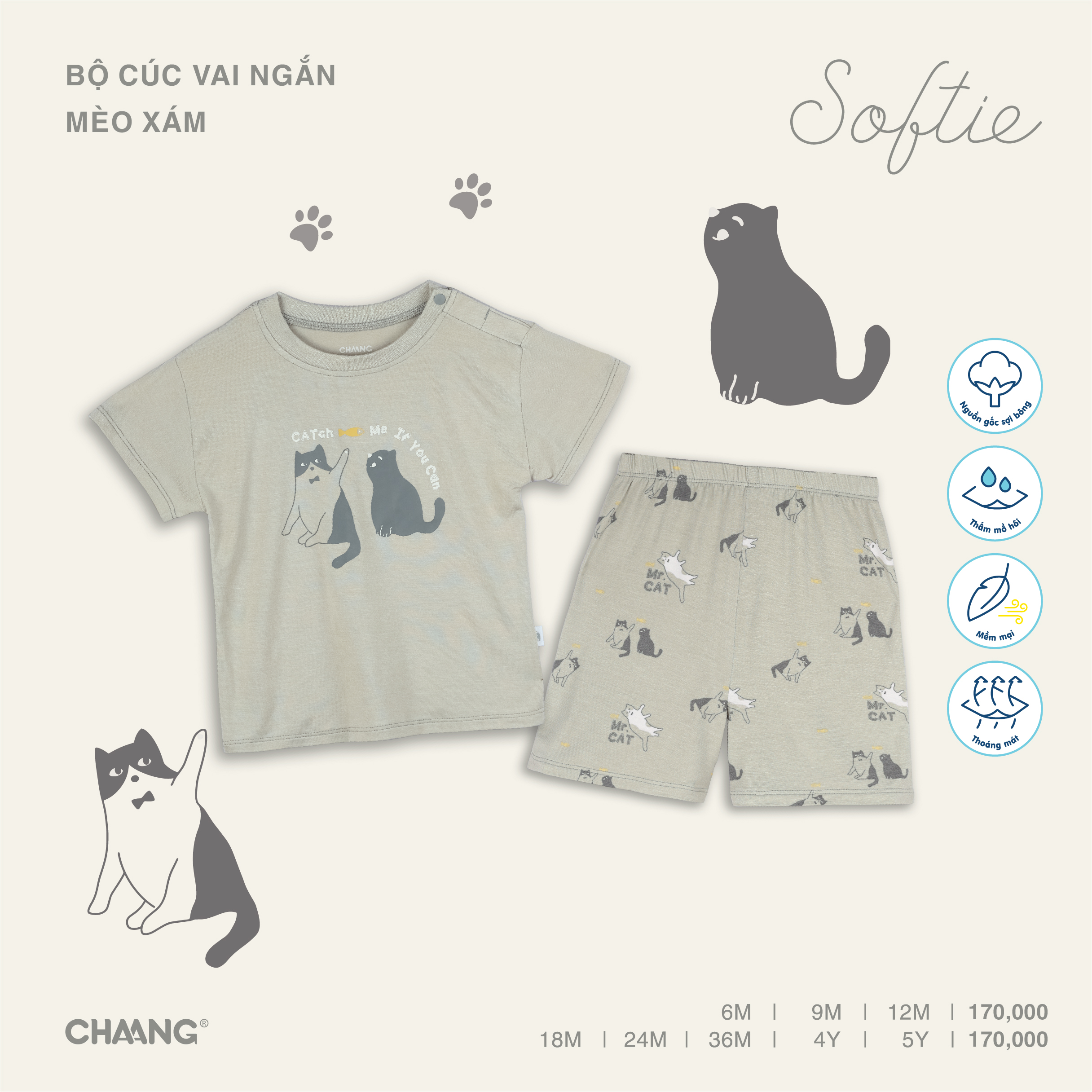 [CHAANG] Bộ cộc cúc vai ngắn Mèo Chaang