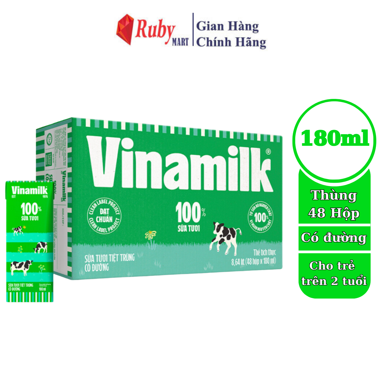 Thùng 48 hộp sữa tươi tiệt trùng vinamilk 100% có đường 180ml