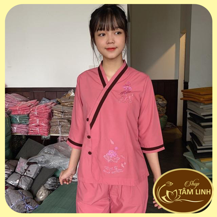 Đồ Lam Đi Chùa _ Mẫu Cài Xéo Thêu Sen