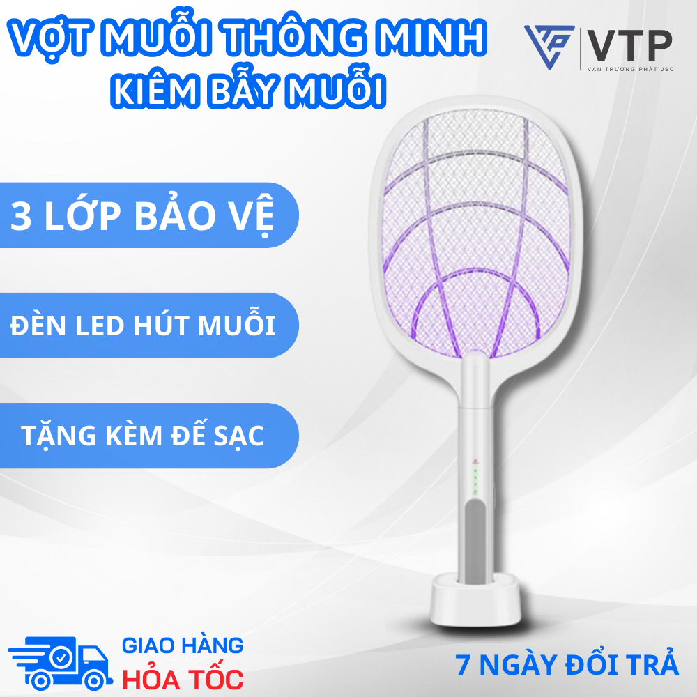 Vợt bắt muỗi kiêm đèn bắt muỗi, đèn bắt muỗi thông minh sạc không dây, vợt bắt muỗi có đế sạc điện quang 3 lớp bảo vệ