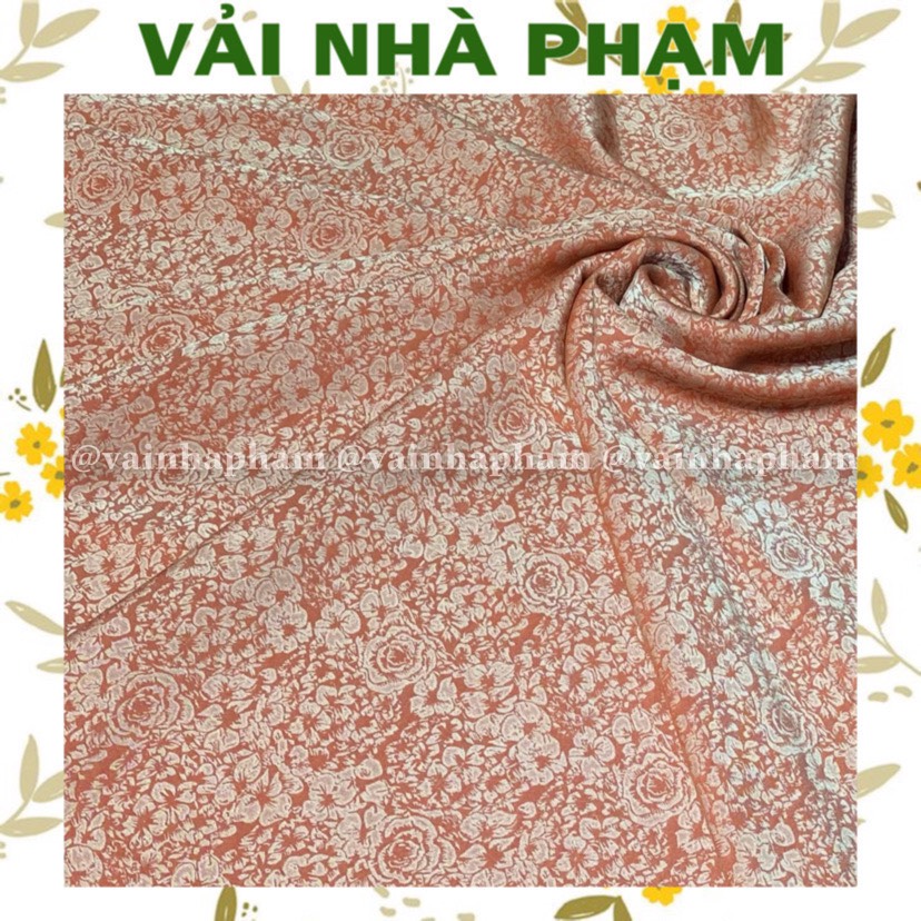 Vải gấm lụa tầm xuân nền cam-khổ 1.5m-vải nhà phạm