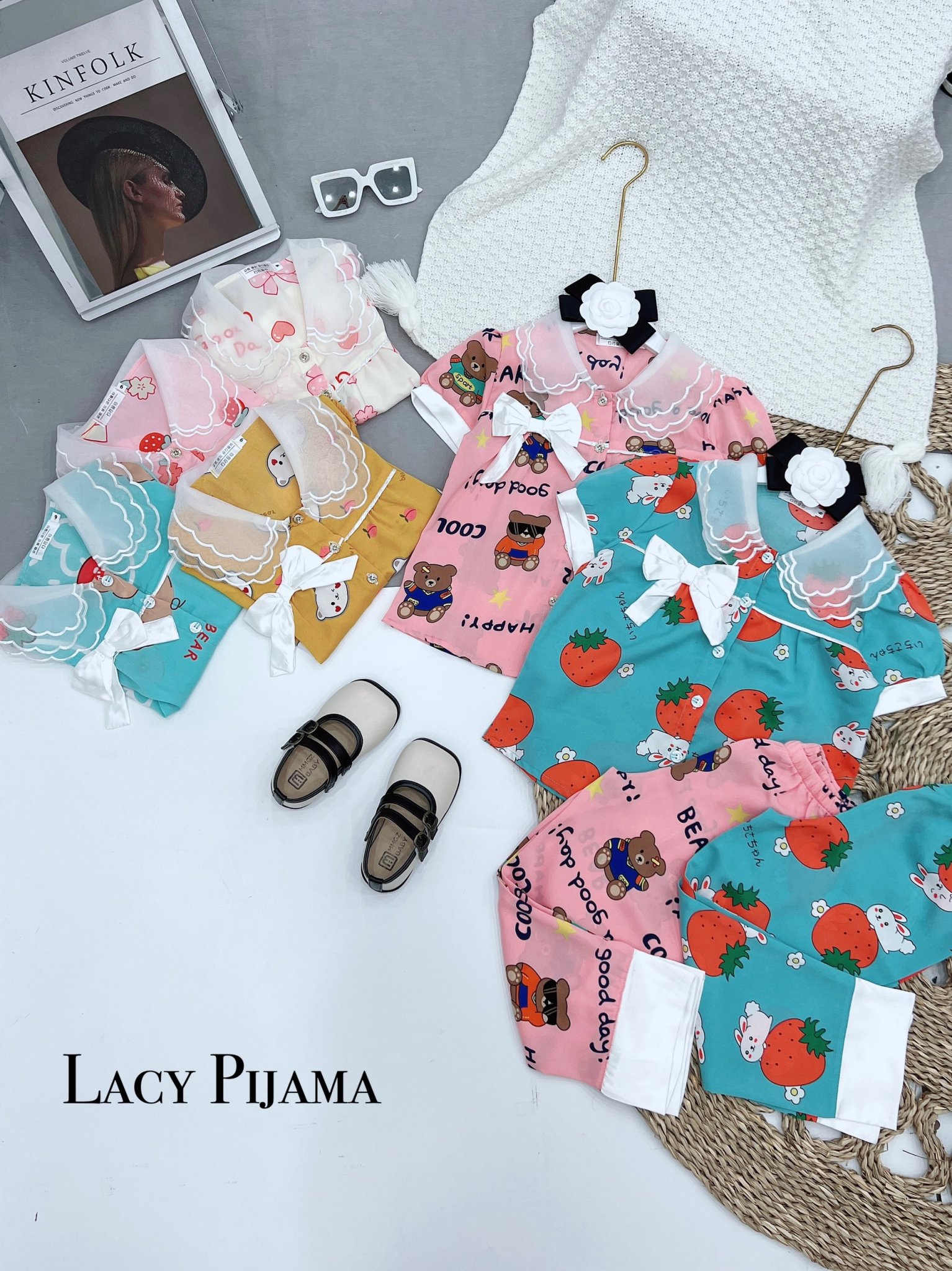 Bộ Ngủ Pijama Lụa Mango Phối Cổ Ba Lá Cho Bé Gái