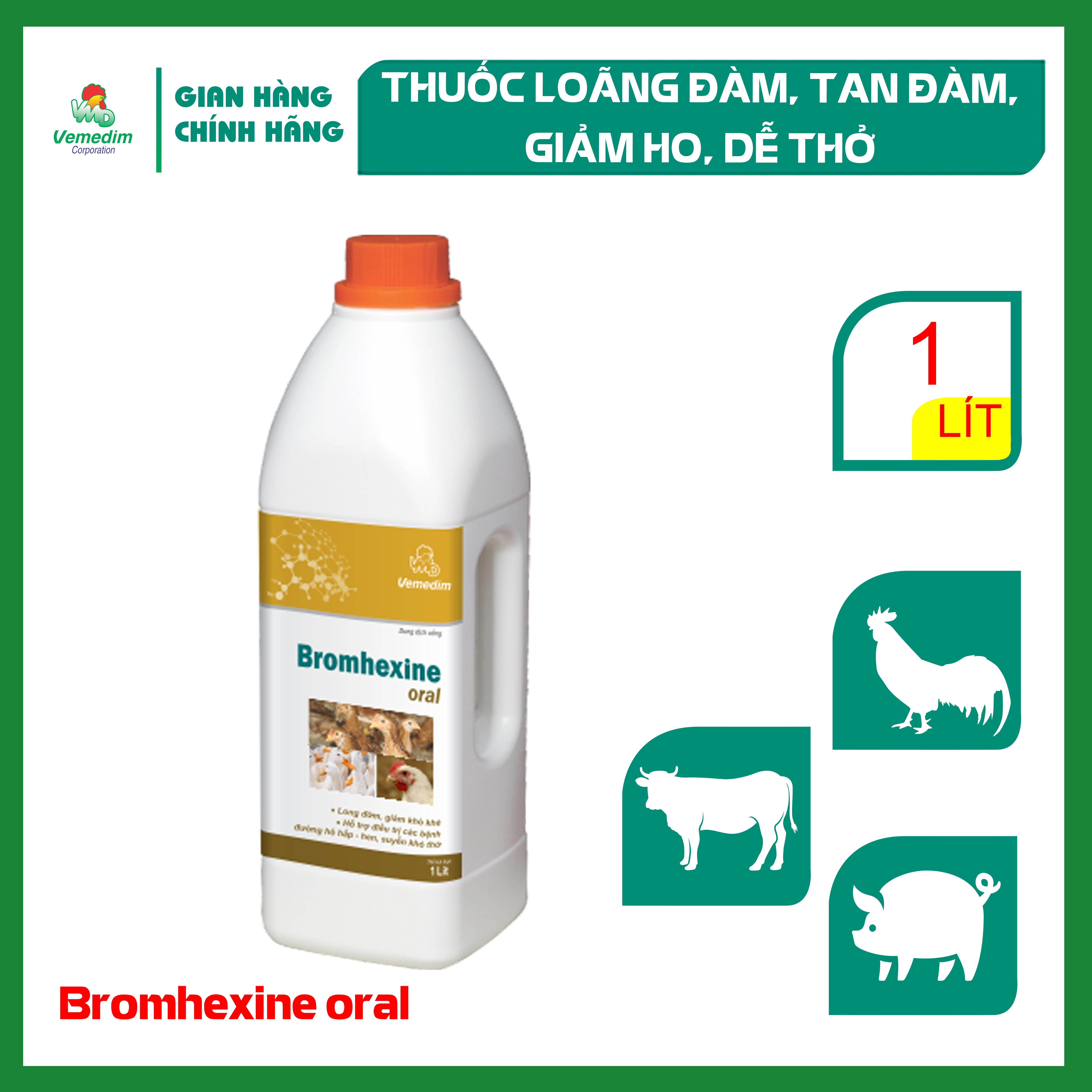 "Hoàn tiền đến 10%" Vemedim Bromhexine oral uống loãng đàm, tan đàm cho gia súc, gia cầm, chai 1lit
