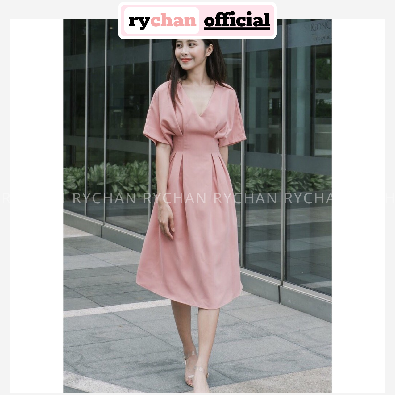 [XÃ KHO] Đầm Xoè Hồng Cổ V Cánh Dơi Bo Eo Form Dài - DX074