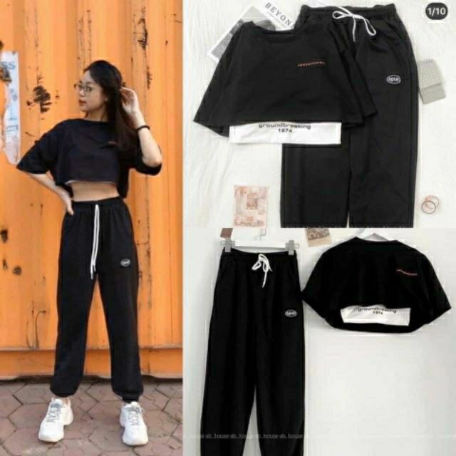 [HCM]Sét bộ quần dài jogger và áo croptop