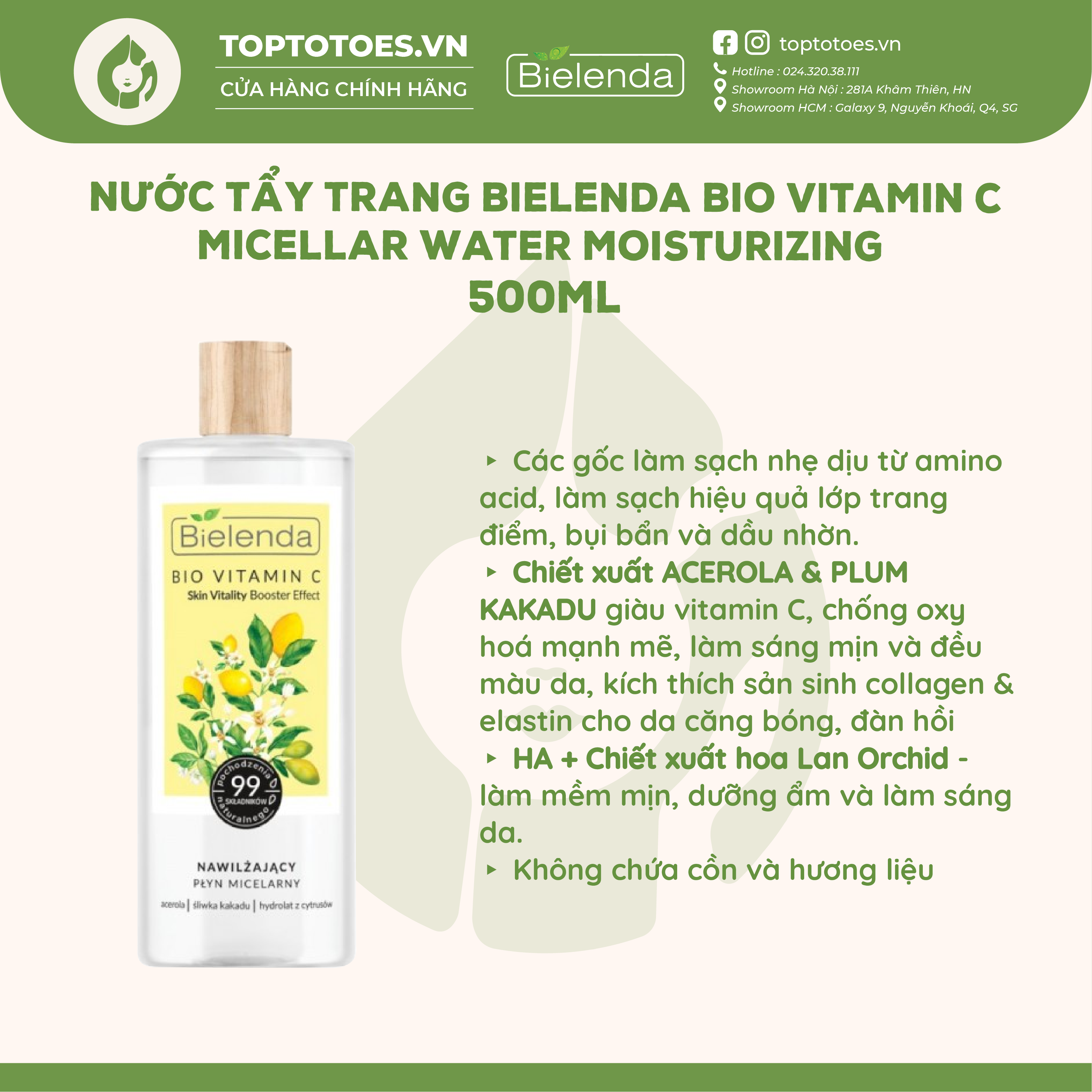 Nước tẩy trang Bielenda Bio Vitamin C Micellar Water Moisturizing tẩy sạch êm ái, sáng mịn làn da