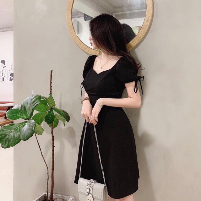 Đầm cổ v tay nơ 2 màu