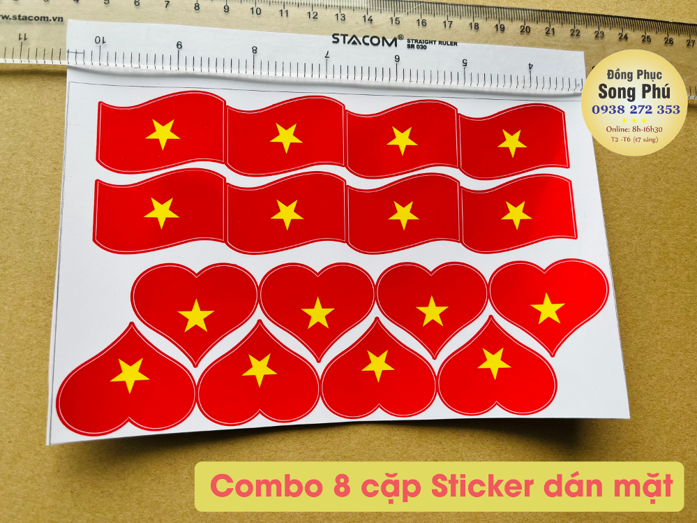 Stick lá cờ dán mặt, hình trái tim - combo 8 cặp
