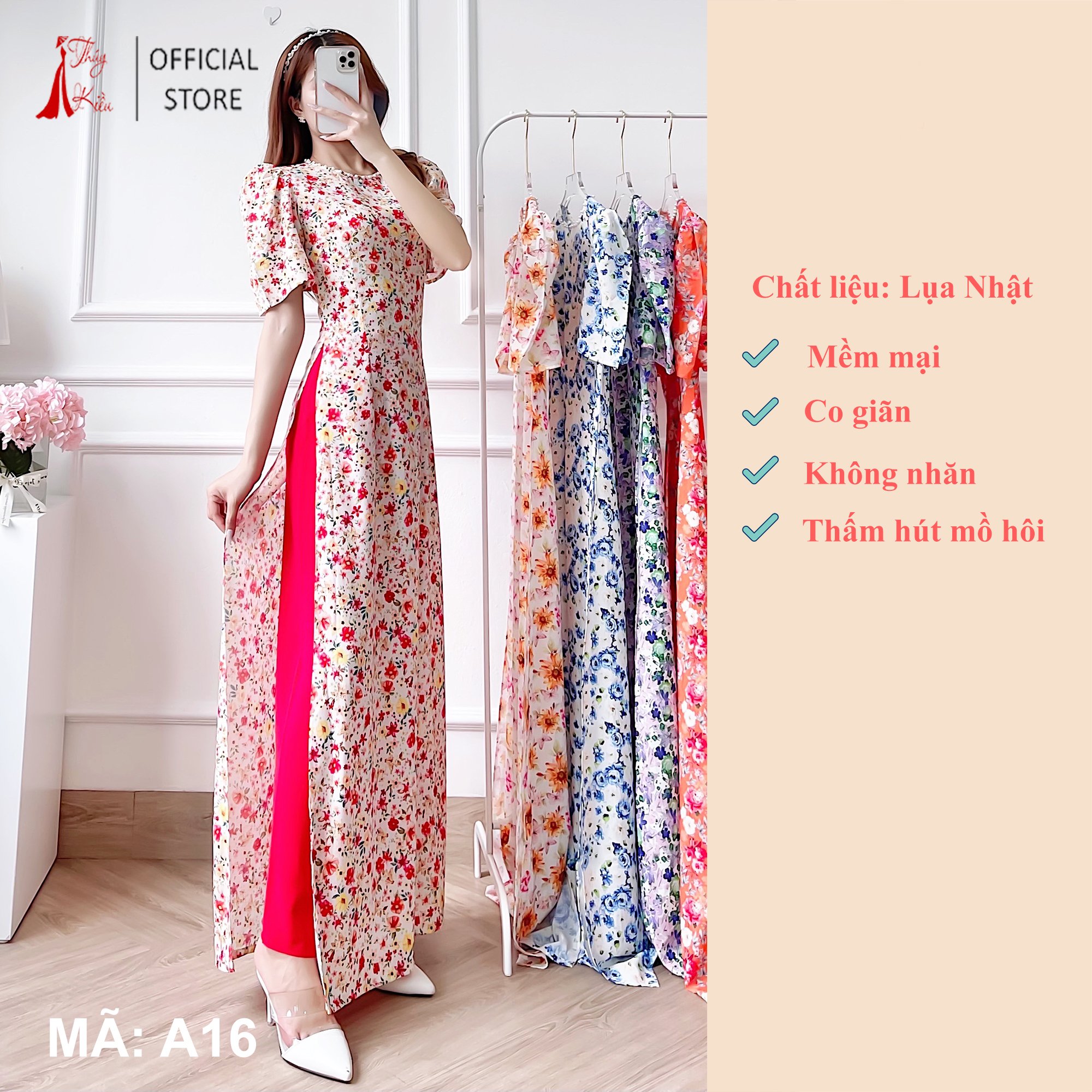 Áo dài thiết kế nữ A16 hoa nhí đỏ vàng tay loe cổ đính ngọc kiểu mới cách tân đi dạy lễ tết dự tiệc đẹp