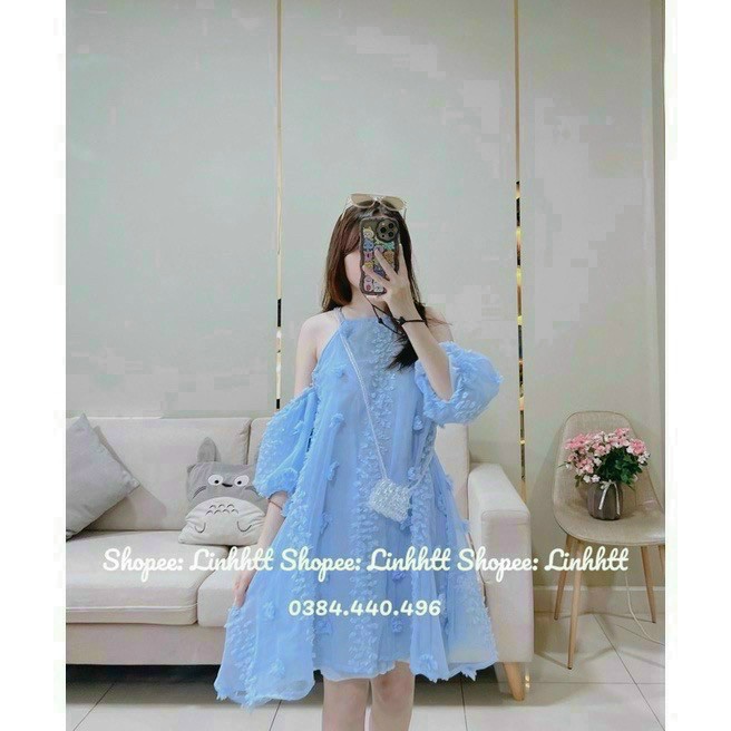 đầm cổ yếm bông rơi cực xinh