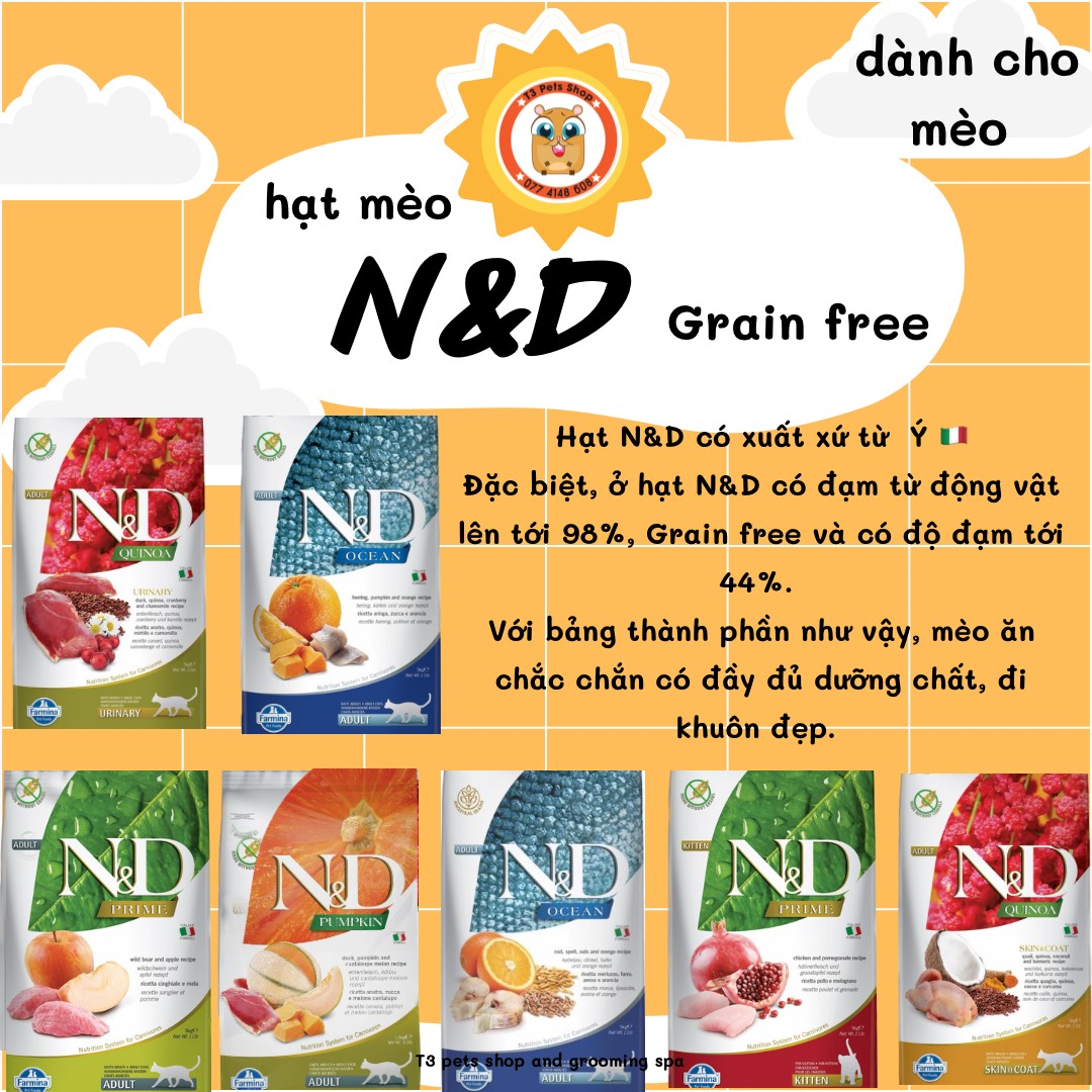 thức ăn hạt mèo cao cấp N&D không bột ngũ cốc grain free CHIẾT 500gr và 1kg