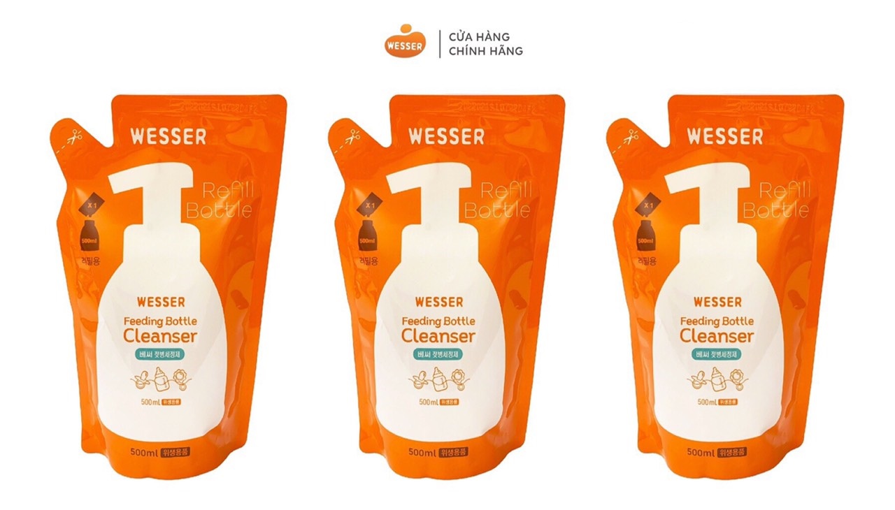 Nước Súc rữa bình sữa núm vú cho bé Wesser Hàn Quốc Túi 500ml