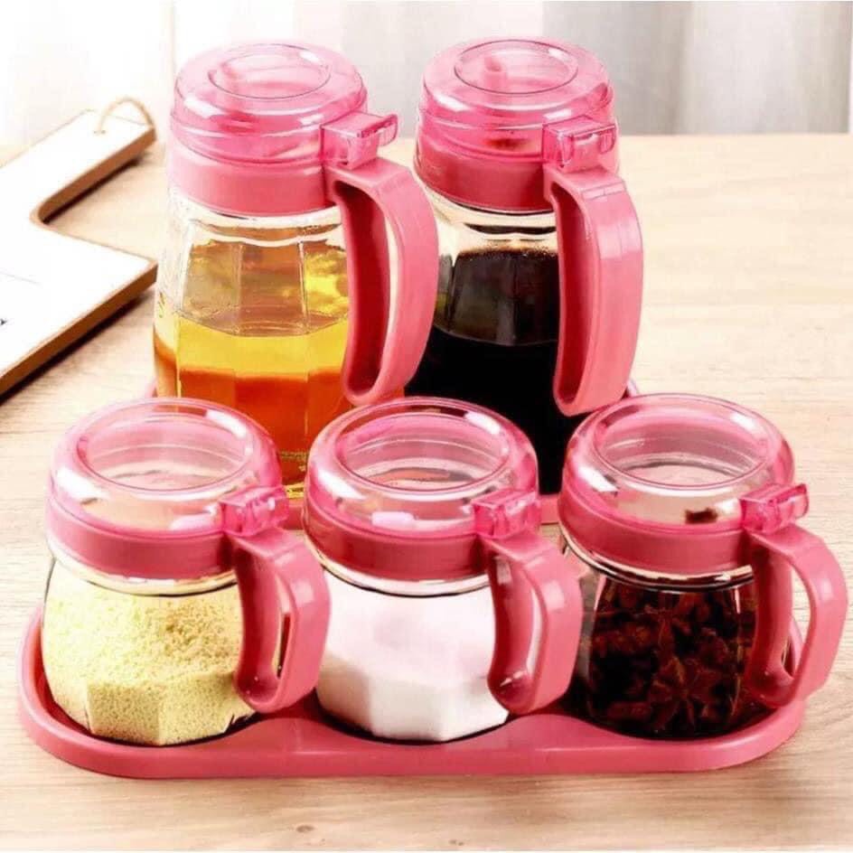 Bộ 5 hũ thuỷ tinh đựng gia vị, bộ gia vị 5 món