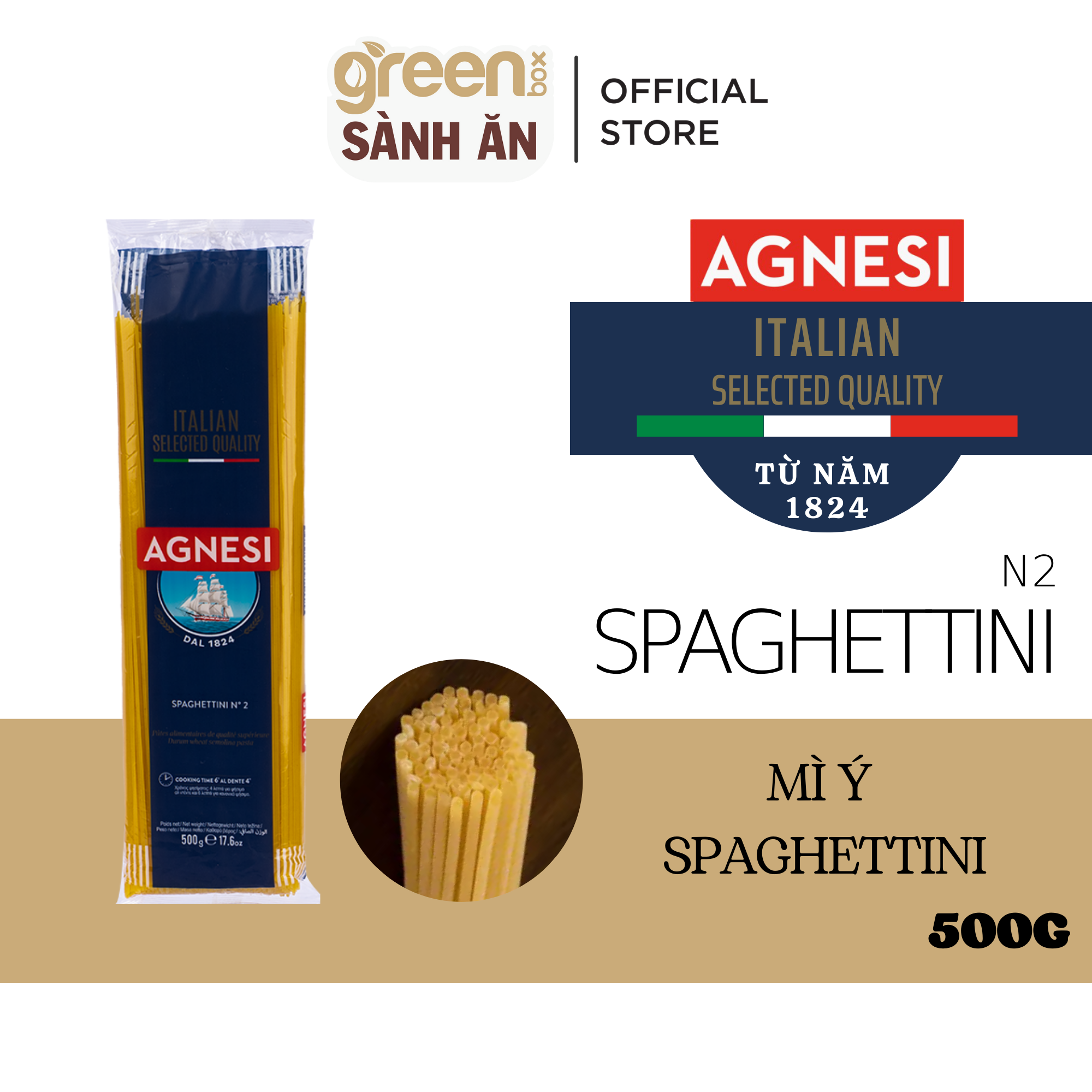 Mì ý sợi nhỏ Spaghettini làm từ lúa mì Semolina cao cấp Agnesi Ý 500g nấu
