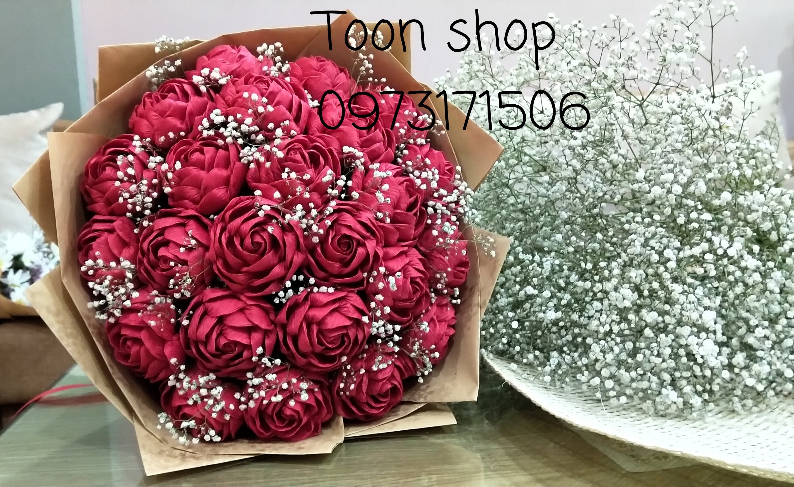 Bó hoa giấy nhún 35 bông bó tròn