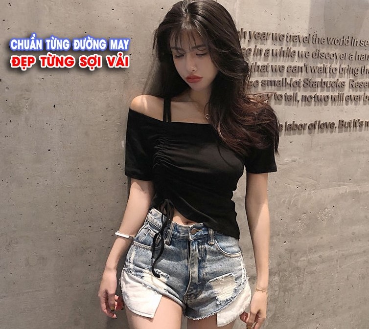 Áo croptop nữ trễ vai rút dây tay ngắn, áo thun crt ôm body kiểu hàn quốc màu đen trắng gợi cảm