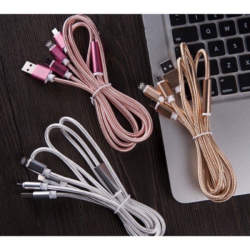 SẠC 3 ĐẦU DÂY DÙ HỖ TRỢ SẠC NHANH { CHÂN TYPE C,IP,micro Usb }