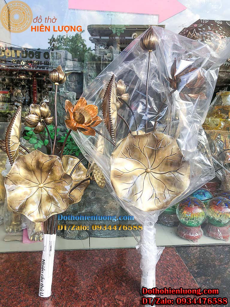 Bó hoa sen 15 bông màu nâu bằng đồng thau - đồ thờ cúng bằng đồng đẹp