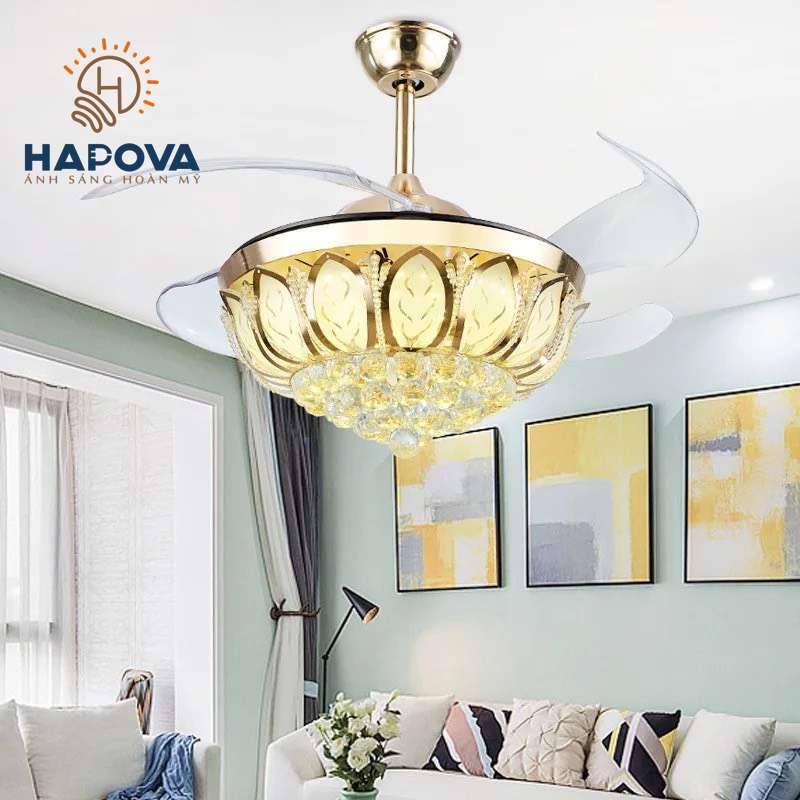 Đèn quạt trần trang trí pha lê dấu cánh HAPOVA KEYLIN 8015 Động cơ 6 số + Tặng kèm điều khiển từ xa