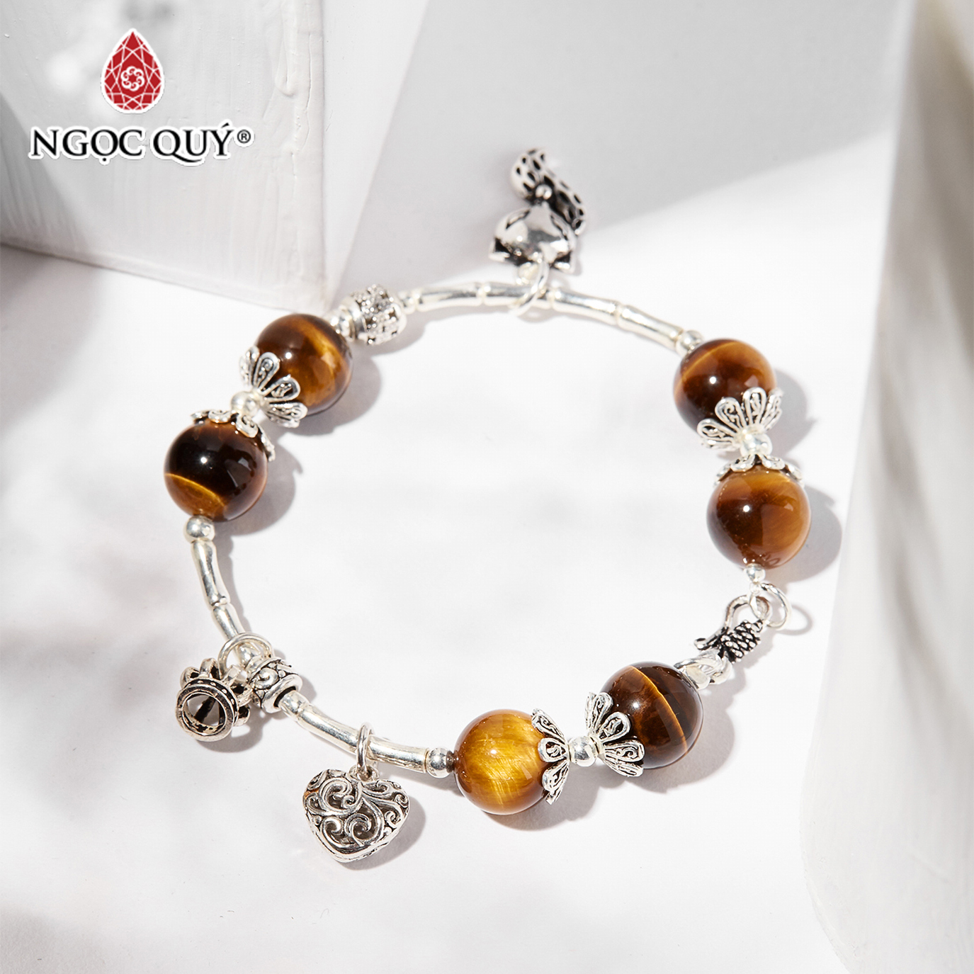 Vòng tay đá thiên nhiên phối charm hồ ly bạc - ngọc quý gemstoens