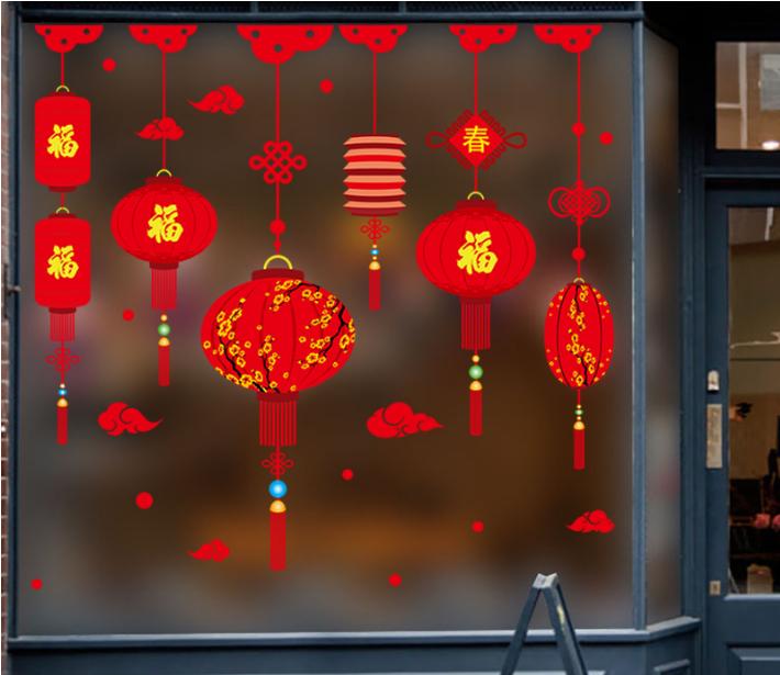 [HCM]Decal trang trí Tết - Lồng đèn hoa sắc đỏ