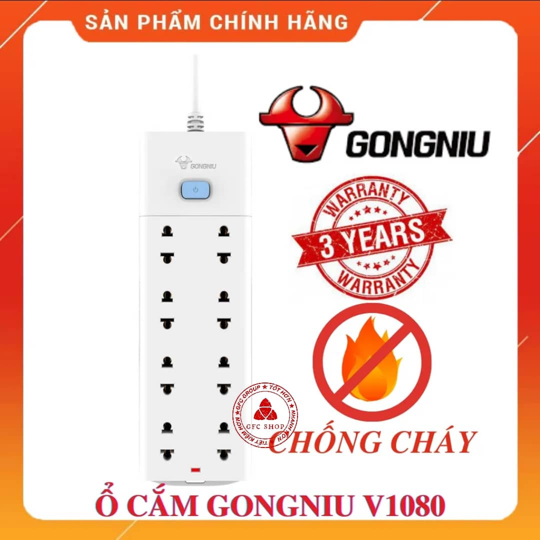 Ổ Cắm Điện Gongniu V1080 8 Ổ 1 Công Tắc - Dây 3m hoặc 5m - Công suất 2500W/10A