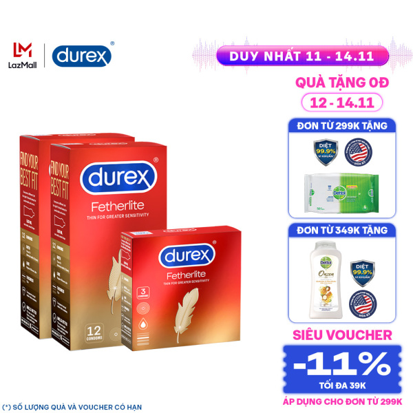 Combo 2 bao cao su siêu mỏng Durex Fetherlite Hộp 12 Bao - 2 hộp 24 bao Tặng 1 hộp 3 bao