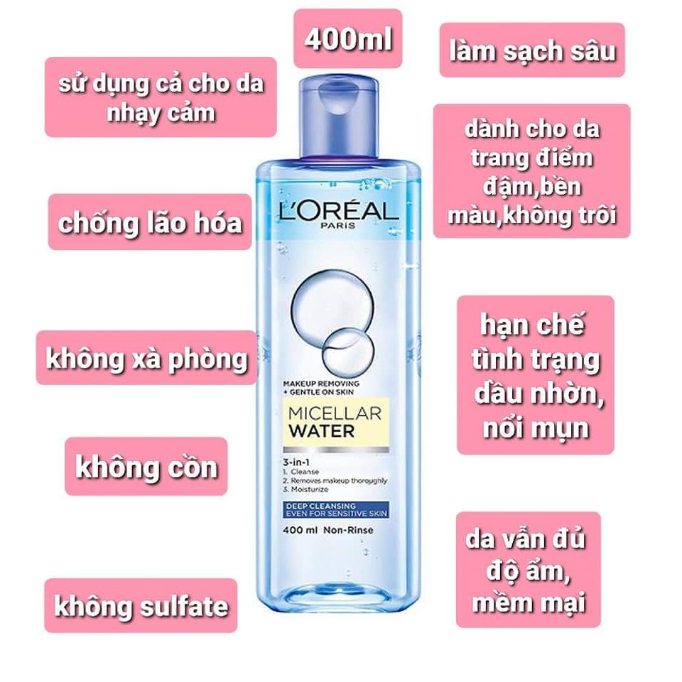 Nước tẩy trang L'Oreal Paris 3-in-1 Micellar Water 400ml