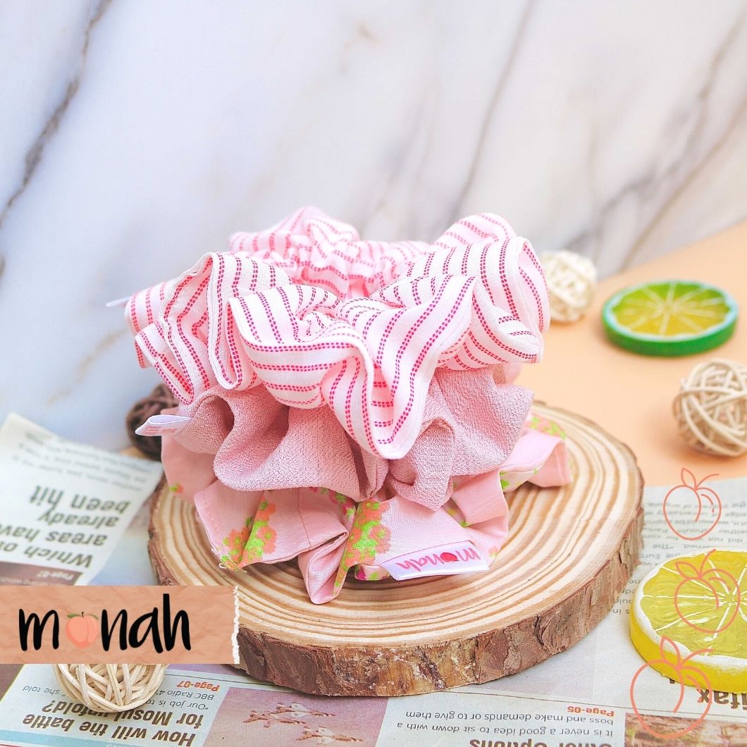 [HCM]Combo 3 Cột Tóc Buộc Tóc Scrunchie Màu Hồng Pastel Sọc