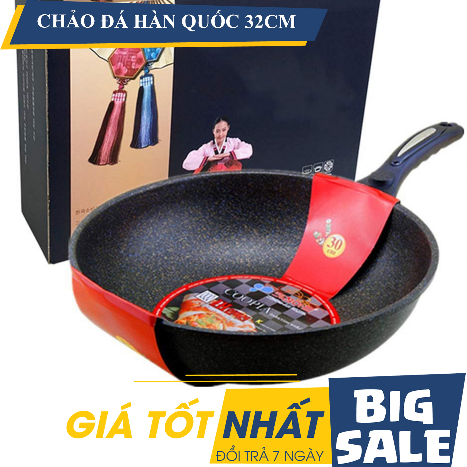 Chảo đá chống dính Hàn Quốc tặng cây đánh trứng - Chảo chống dính kèm nắp kính - Chảo rán, chiên - Chảo chống dính, chảo tổ ong chảo vân đá sâu lòng