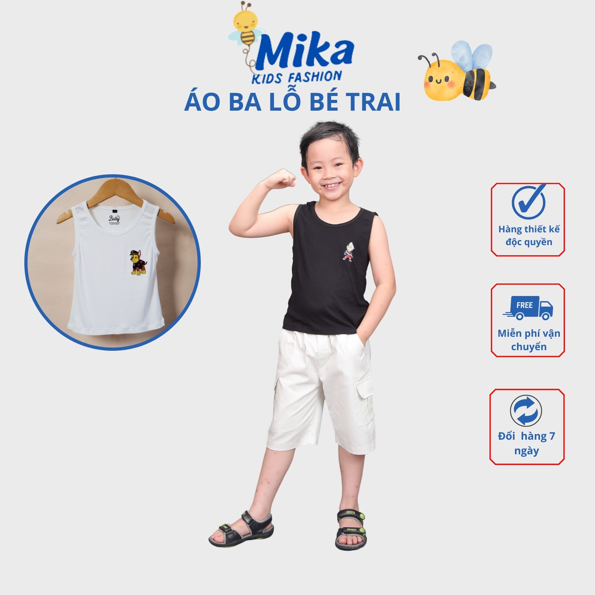 Áo ba lỗ bé trai, áo trẻ em chất thun hàn mát lạnh cho mùa hè in hình cute, 2 màu trắng và đen dễ phối đồ Shop MIKA-SHOP