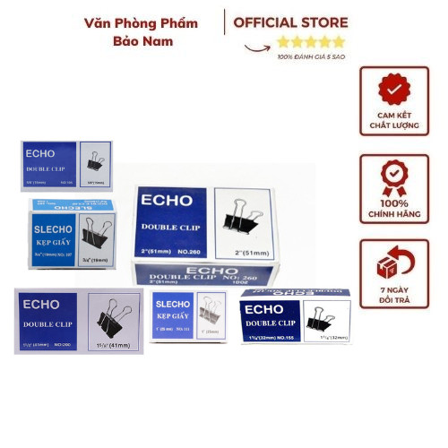 Kẹp giấy/kẹp sắt đen echo các cỡ từ 15mm, 25mm, 32mm, 41mm,51mm hộp 12 chiếc chất lượng