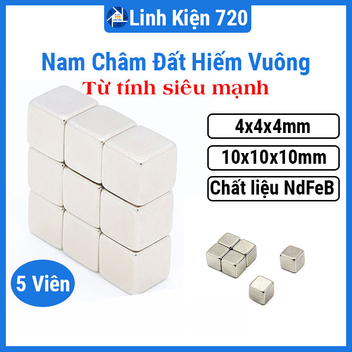 Bộ 5 nam châm trắng vuông 4x4x4mm / 10x10x10mm, nam châm đất hiếm từ tính siêu mạnh