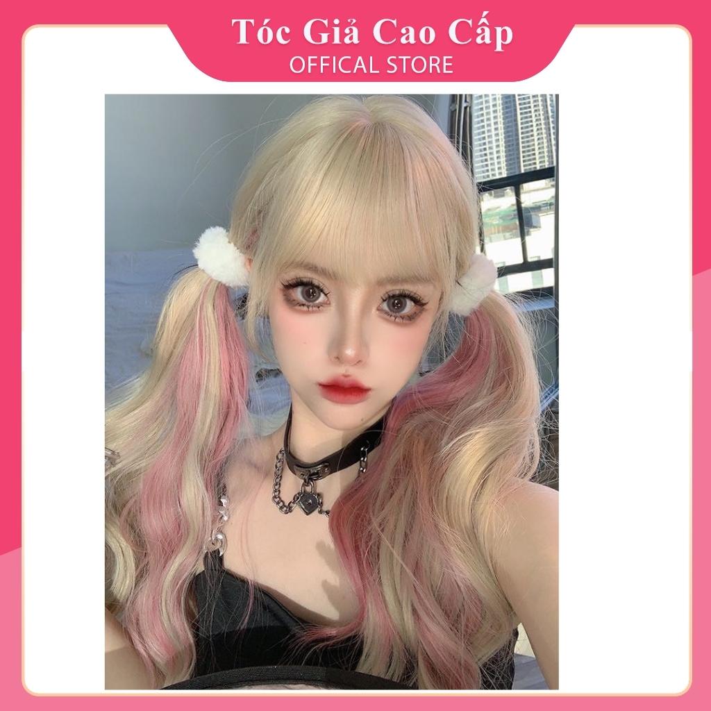 Tóc giả nữ nguyên đầu xoăn bạch kim phối line hồng, BHT021