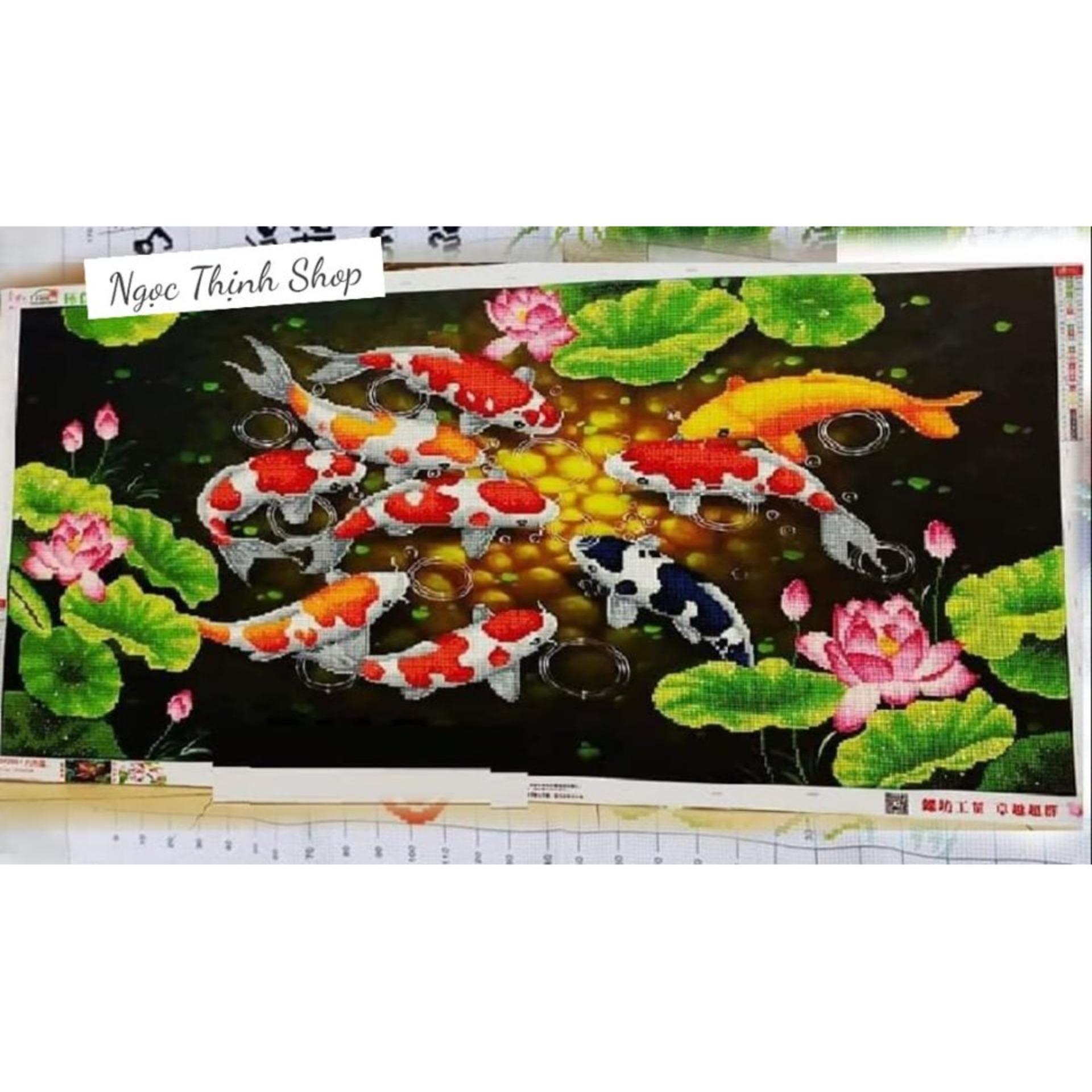 Tranh thêu chữ thập Cửu Ngư Quần Tụ LV3042 Kích thước 99x55cm