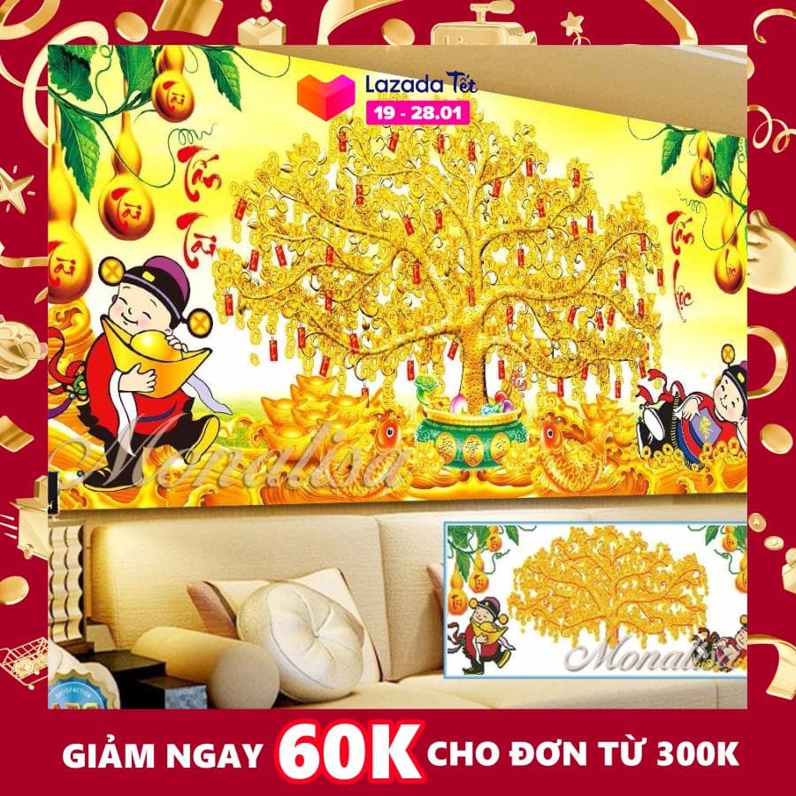 Tranh đính đá Tấn Tài Tấn Lộc THẦN TÀI CÂY KIM TIỀN