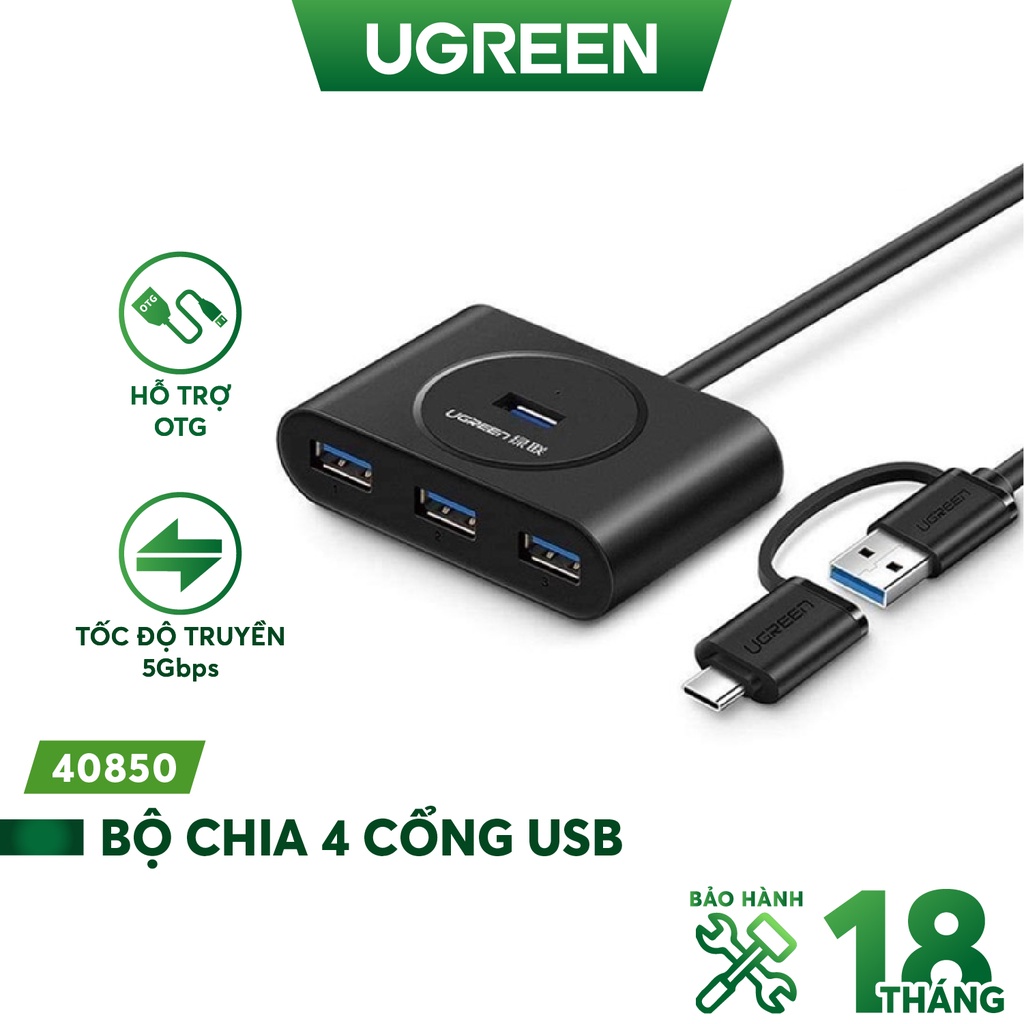 Bộ chia usb type-c ra 4 cổng usb 3.0 dài 1m ugreen 40850 chính hãng