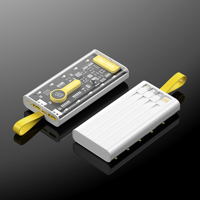 Sạc Dự Phòng Trong Suốt 20000mAh 66W Sạc Siêu Nhanh Siêu Bền Kết Hợp Led Soi Sáng Với 4 Đầu Sạc Và 3 Cổng Sạc Tiện Dụng 2 Cổng USB, 1 Cổng Type C